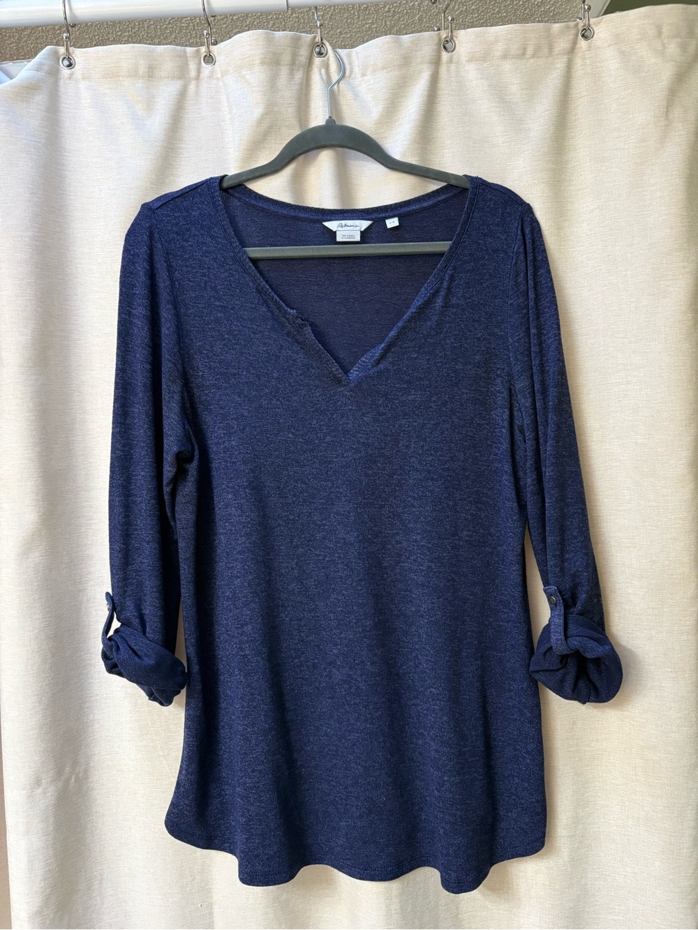Reitmans Navy V-Neck Roll-Tab Long Sleeve Top